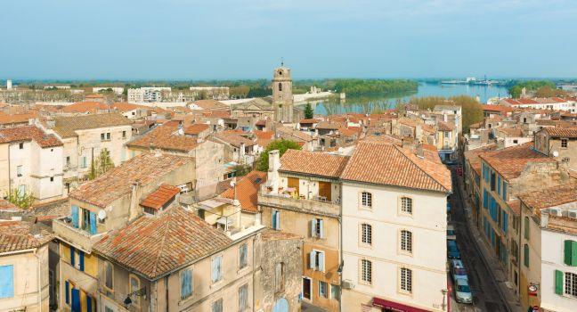 Arles, France - March 30: Panoramic view at the old city of Arles, Provence in France on March 30, 2014.; 