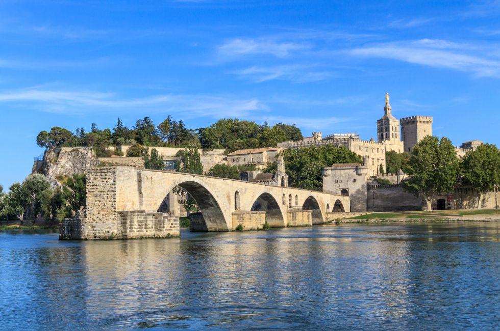 Avignon Bridge with Popes Palace, Pont Saint-Benezet, Provence, France; 