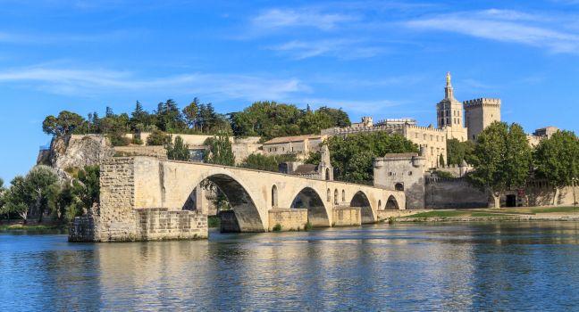 Avignon Bridge with Popes Palace, Pont Saint-Benezet, Provence, France; 
