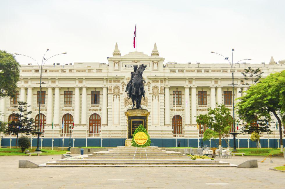 LIMA, PERU, MAY 24, 2014: Congress Palace of the Republic of Peru. The statue shows the liberator Simon Bolivar on his horse.
