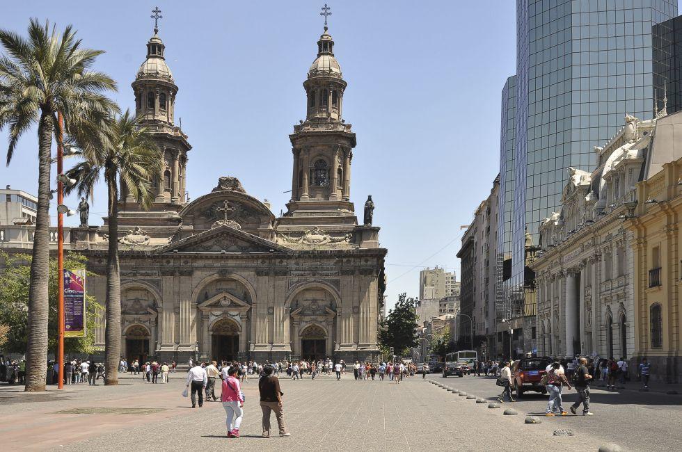 SANTIAGO, CHILE - FEBRUARY 20: Metropolitana cathedral and office buildings on Plaza de Armas on February 20, 2013 in Santiago, Chile. ; 