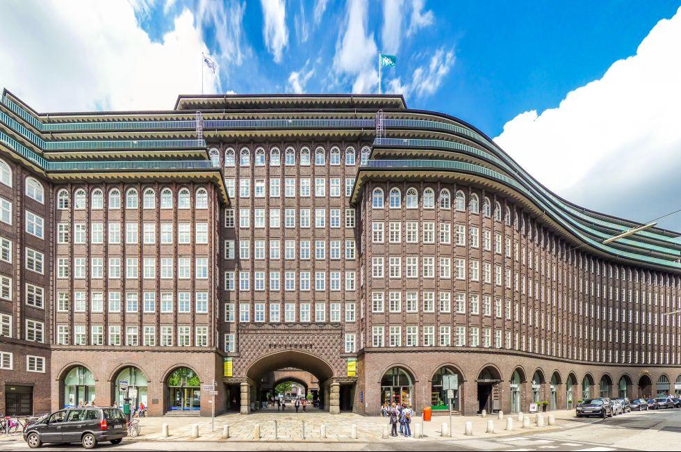 Wide angle view of famous Chilehaus (Chile House) in Hamburg, Germany.