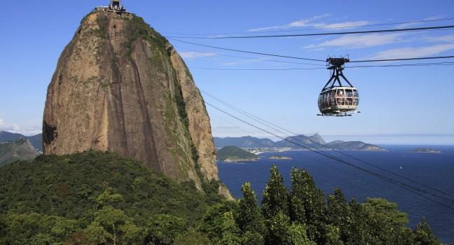 Brazil, Rio de Janeiro, Sugar Loaf Mountain - Pao de Acucar and cable car with the bay and Atlantic Ocean in the background.; 