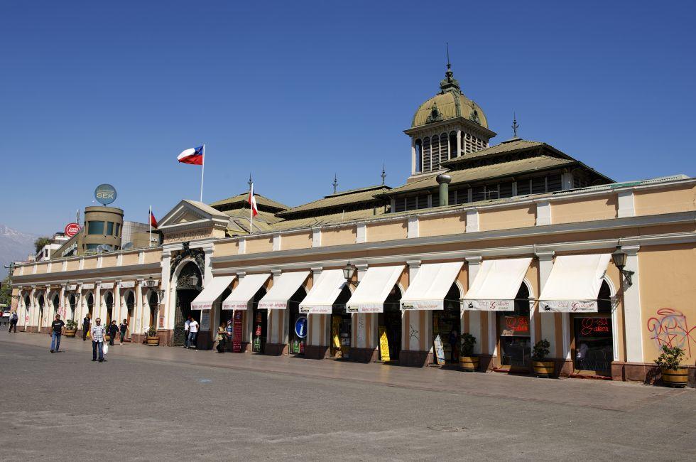 SANTIAGO, CHILE - OCTOBER 17, 2013: Unidentified people walk in front of the Central market of Santiago city on October 17, 2013 in Santiago, Chile.