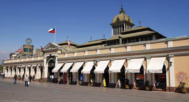 SANTIAGO, CHILE - OCTOBER 17, 2013: Unidentified people walk in front of the Central market of Santiago city on October 17, 2013 in Santiago, Chile.