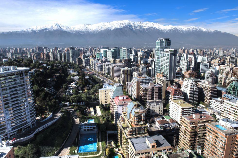Aerial view of the financial district at Santiago de Chile; Shutterstock ID 105717833; Project/Title: Fodor's Chile 6th; Downloader: Fodor's Travel