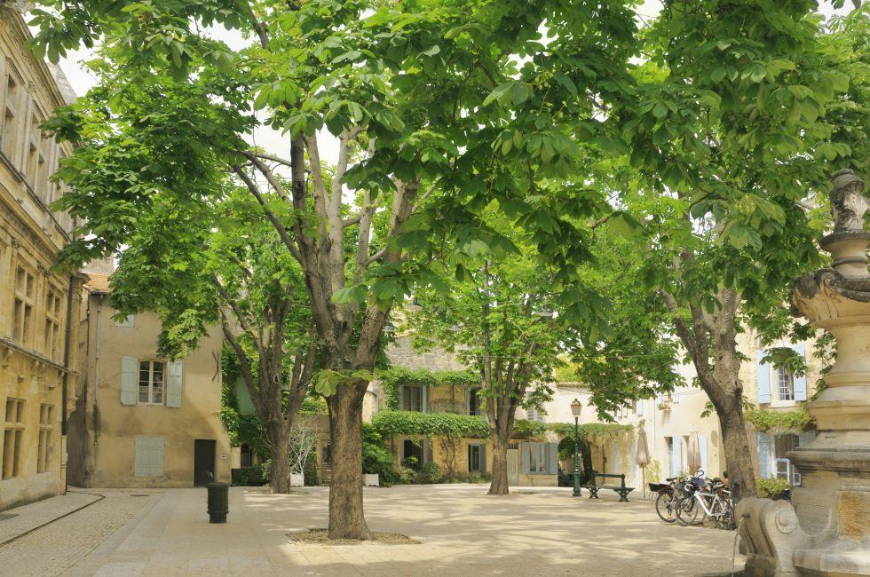 Small town square in Saint-Remy-de-Provence - Provence in southern France.