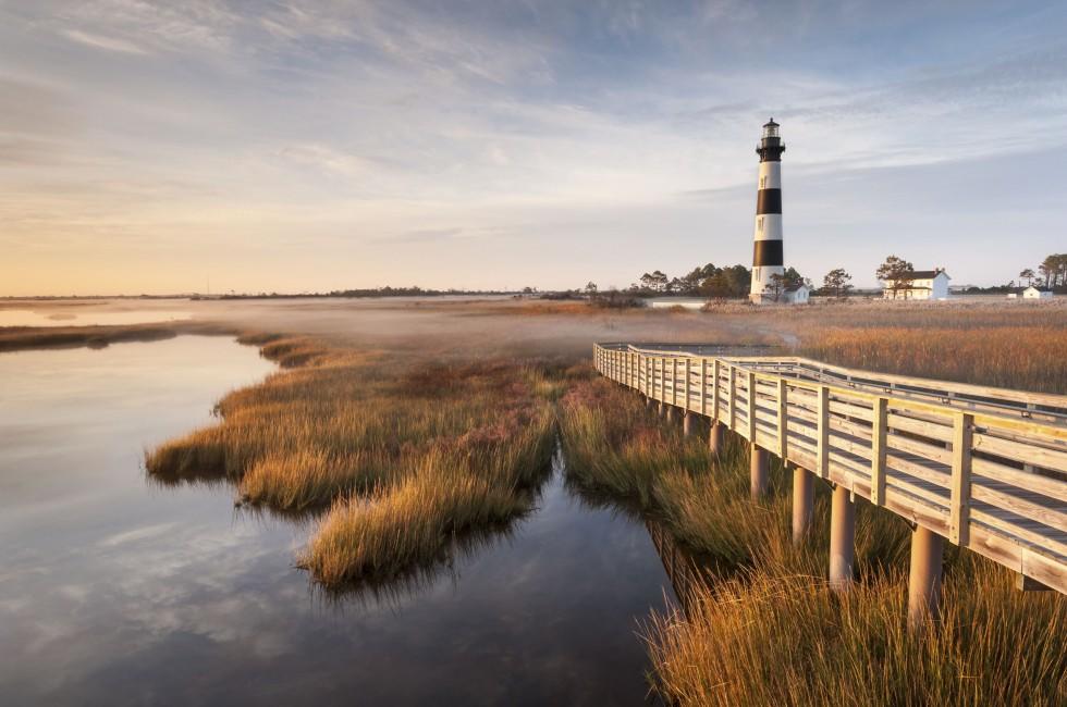 North Carolina Outer Banks Bodie Island Lighthouse Autumn Morning Marsh Boardwalk.