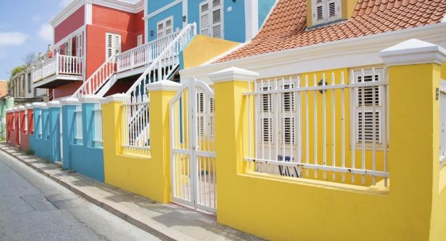 The bright colors of the dutch architecture in the city of Willemstad, Curacao. 