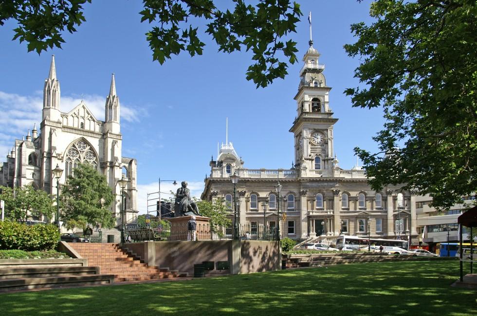 The Octagon, center of Dunedin, New Zealand, with St. Paul's Cathedral to the left and Municipal Chambers more to the right; 