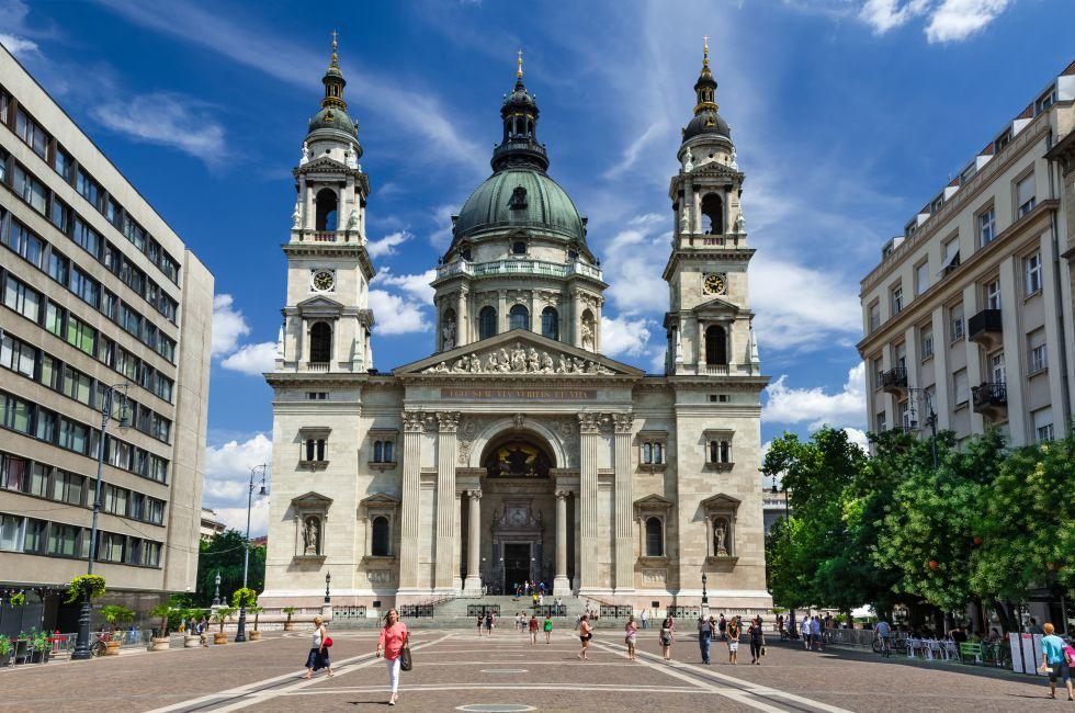 BUDAPEST, HUNGARY - 23 JULY 2013: Image with St. Stephen Swuare. Saint Stephen Basilica the lartgest Budapest cathedral, built as Roman Catholic basilica. Hungary landmark.