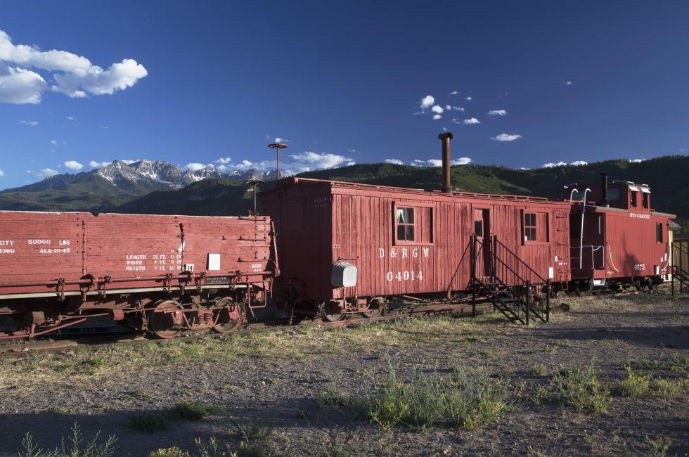 Antique red railroad cars, Ridgway, Colorado, USA.