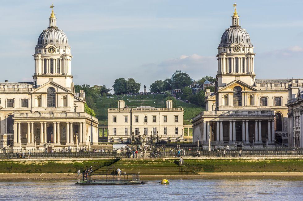 View of Old Royal Naval College (UNESCO World Heritage Site) at sunset, Greenwich, London, UK.