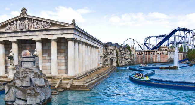 View over the Greek themed area of Europa Park. Poseidon is a high-speed water coaster with incredibly detailed theming, such as the Trojan Horse, and the station being located inside a recreated Acropolis temple. Europa-Park is the largest theme park in G