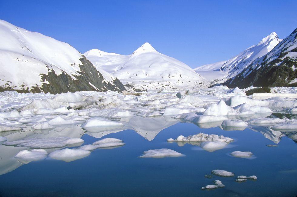 Portage Glacier and Portage Lake as seen from Seward Highway, Alaska.