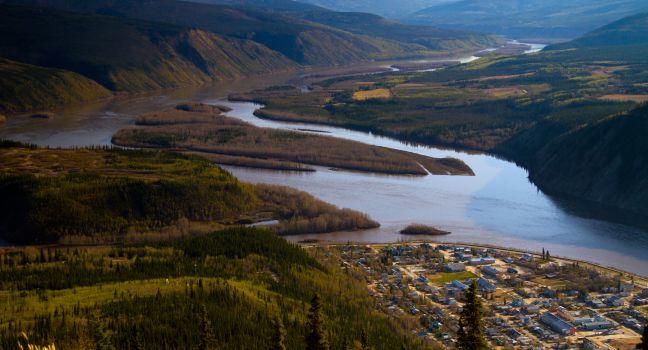 Dawson City from a hill overlooking the town.