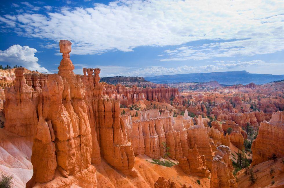 Great spires carved away by erosion in Bryce Canyon National Park, Utah, USA.  The largest spire is called Thor's Hammer.