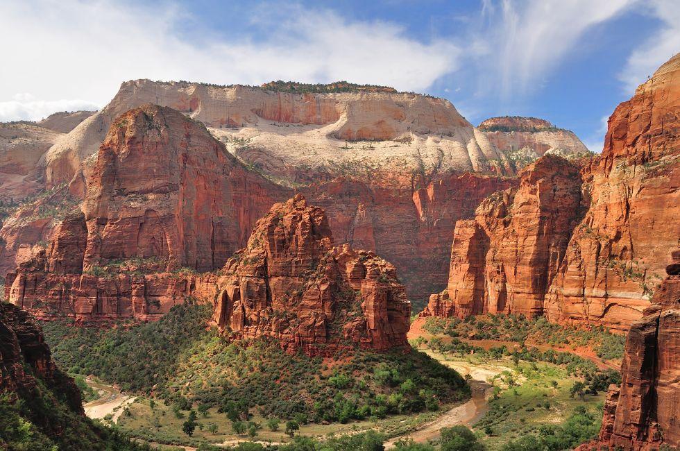 Wide angle view of Zion Canyon, with the virgin river, Zion National Park, Utah, USA