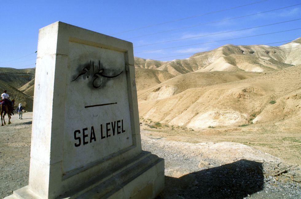Sea level sign, Dead sea route, Israel.