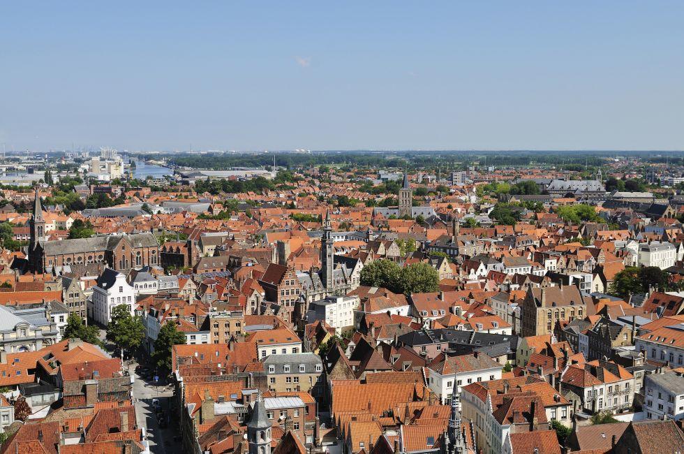 Aerial view on the medieval city of Bruges and Zeebrugge, Belgium.; 