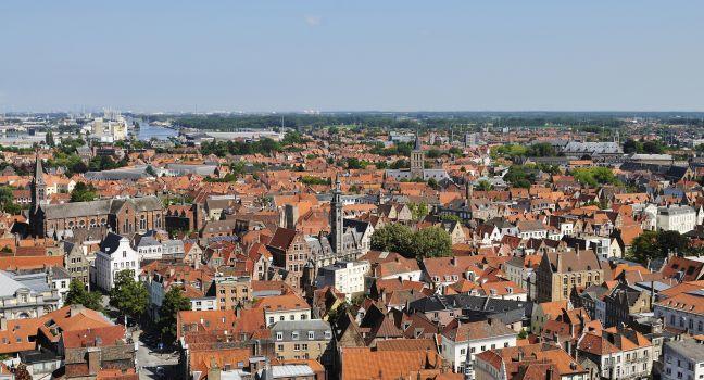 Aerial view on the medieval city of Bruges and Zeebrugge, Belgium.; 