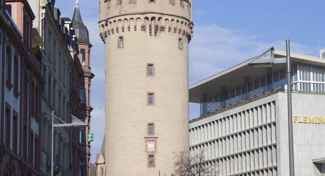 FRANKFURT AM MAIN, GERMANY - FEBRUARY 5, 2015: Eschenheim Tower is the oldest and most unaltered building in the largely reconstructed new town of Frankfurt. 