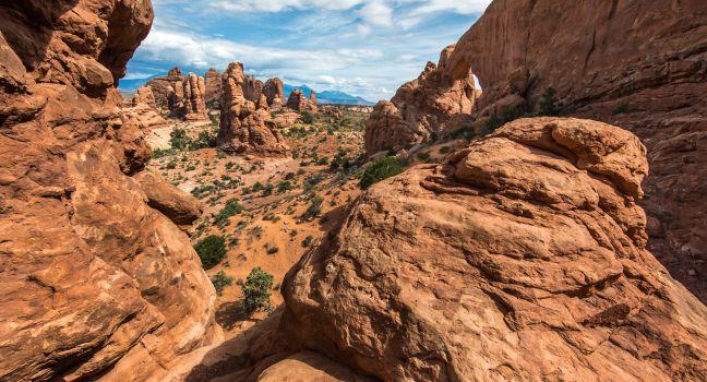 Beautiful variety of mountains and unique rocks in Arches National Park