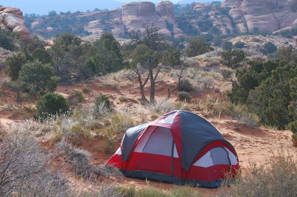 Camping in a tent at Arches National Park, Utah.