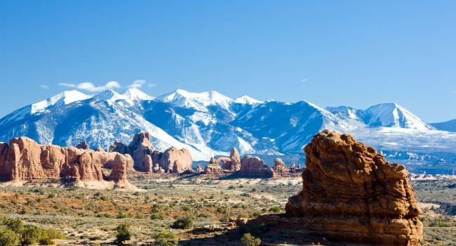 Arches National Park with La Sal Mountains, Utah, USA