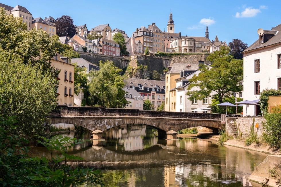 Luxembourg, Luxembourg; Luxembourg City, downtown city part Grund, scenic view with a bridge across the Alzette river ; 