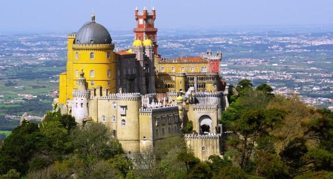 Aerial view of the Pena Palace in Sintra National Park, Portugal; 