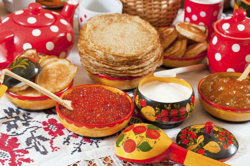 Pancake with red caviar and tea during  Pancake Week; Shutterstock ID 80499463; Project/Title: Moscow ebook