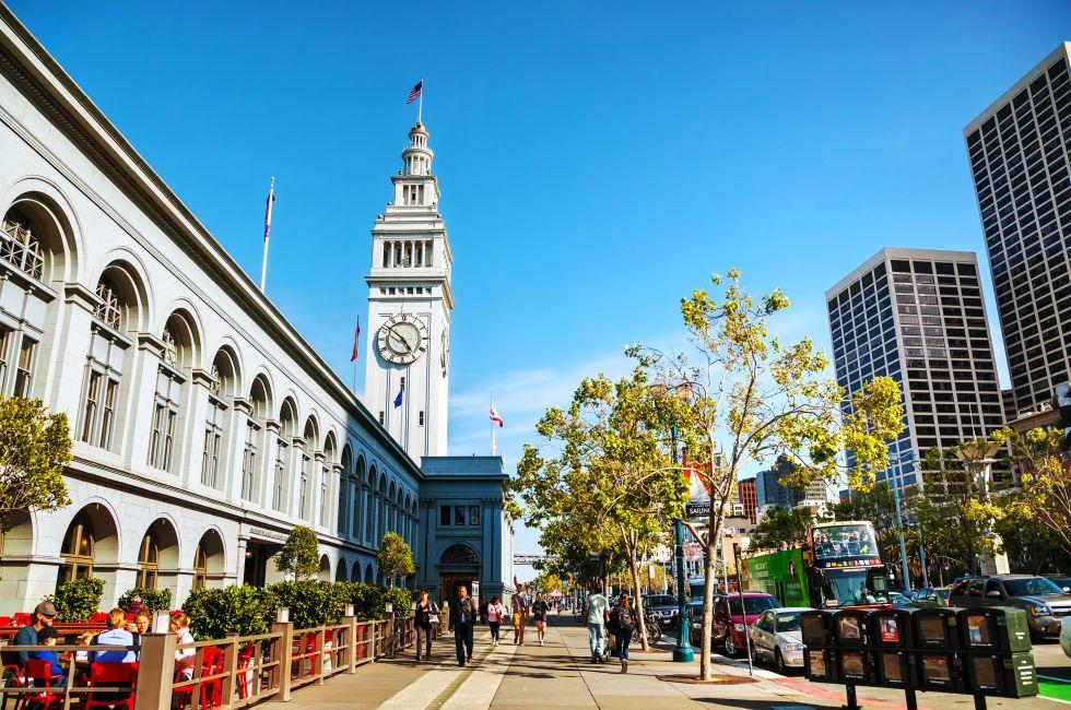SAN FRANCISCO - APRIL 24: Famous ferry building on April 24, 2014 in San Francisco, California. This 245-foot tall clock tower is the iconic waterfront landmark built in 1898.