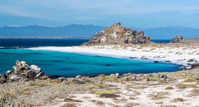 White sand beach and turquoise water at Damas Island near La Serena, Chile