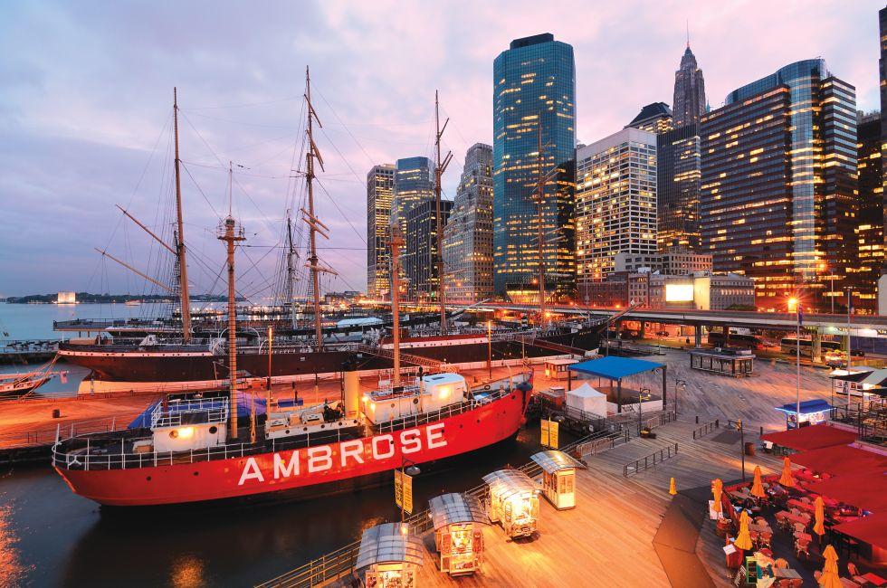 South Street Seaport in New York, NY. The port is a designated historic district containing the largest concentration of 19th century landmarks in the city.