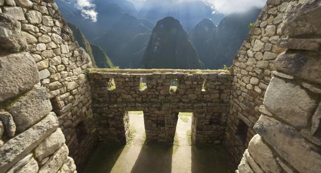 Detail of Inca wall in the ancient city of Machu Picchu, Peru; 