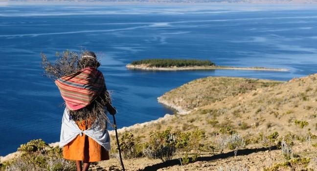 Bolivia - Isla del Sol on the Titicaca lake, the largest high altitude lake in the world (3808m) This island's legendary Inca creation site and the birthplace of the sun. Landscape of the Titicaca lake; 