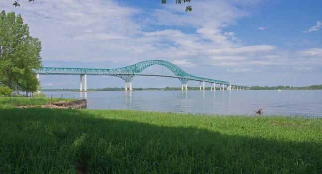 West side of the Bridge Structure Laviolette taken on the banks of St-Maurice River in Trois-Rivieres, Quebec, Canada; 