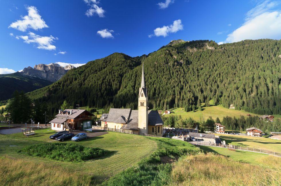 small church in Alba di Canazei,  famous small town in val di Fassa, Trentino, Italy