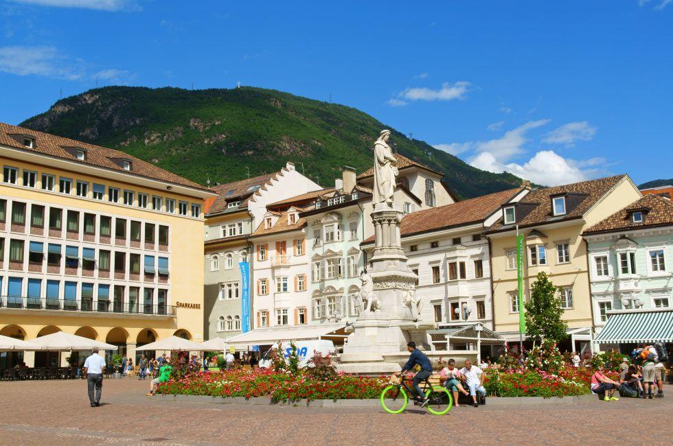 BOLZANO, ITALY - AUGUST 21: Walther Square on August 21, 2014 in Bolzano, Italy. Built in 1808 by order of King Maximilian of Bavaria in 1901 it was dedicated to poet Walther von der Vogelweide.