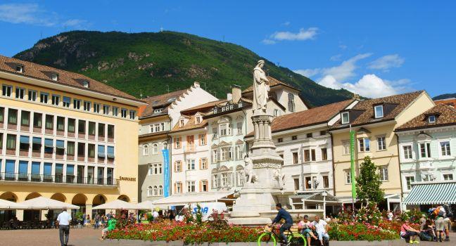 BOLZANO, ITALY - AUGUST 21: Walther Square on August 21, 2014 in Bolzano, Italy. Built in 1808 by order of King Maximilian of Bavaria in 1901 it was dedicated to poet Walther von der Vogelweide.