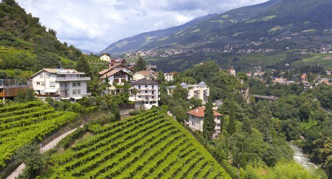 View to the old town of Merano. Today Meran is best known for its spa resorts. In the past literary people and artists enjoyed the mild climate of Meran