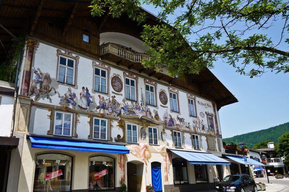 OBERAMMERGAU, GERMANY - JUNE 20: Typical Bavaria houses. Houses in Oberammergau are painted since 18th century, which is so-called 'Luftlmalerei'. June 20, 2013 Oberammergau, Germany 
