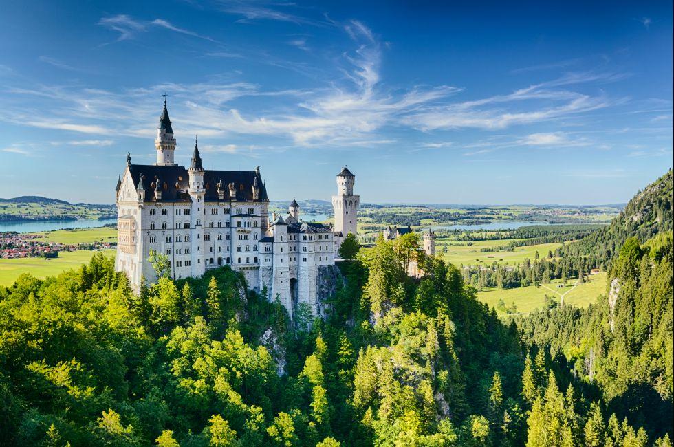 Summer landscape - view of the famous tourist attraction in the Bavarian Alps - the 19th century Neuschwanstein castle.