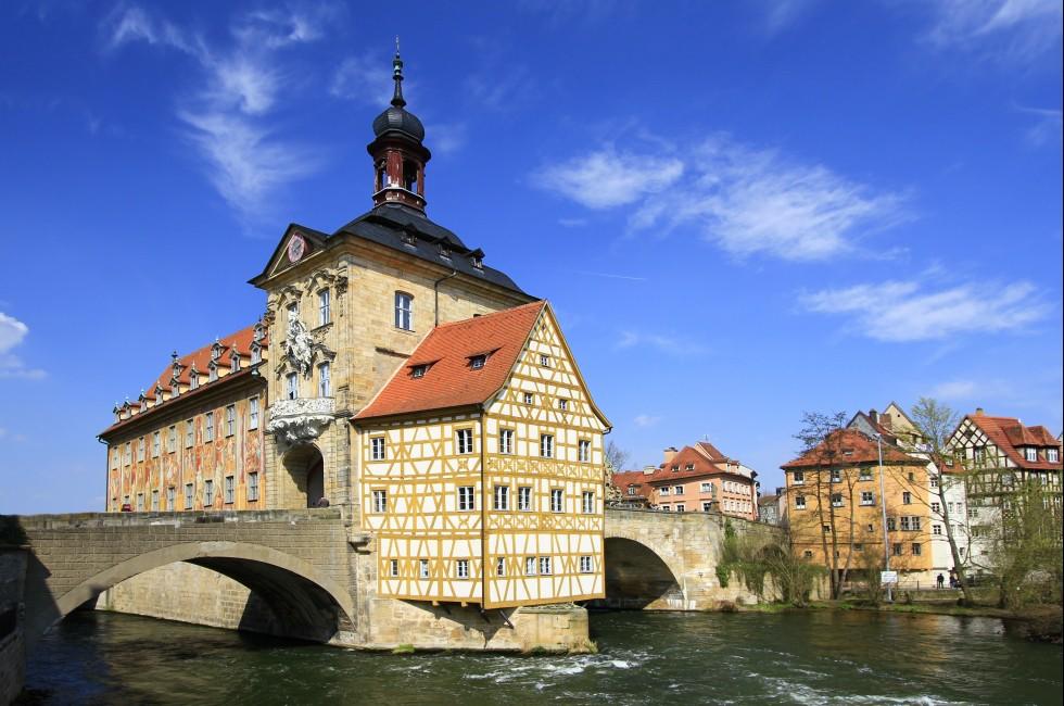 The old Town Hall of Bamberg, Bavaria, Germany on a little island in the river Regnitz; 