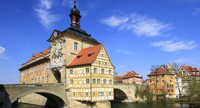The old Town Hall of Bamberg, Bavaria, Germany on a little island in the river Regnitz; 