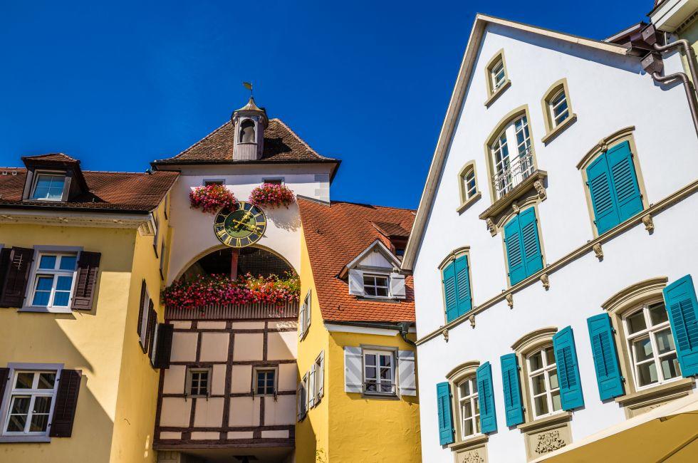 Colorful Clock Tower and Residential Buildings In The City Center of Meersburg-Meersburg,Lake Constance,Germany,Europe.
