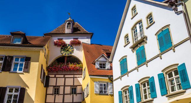 Colorful Clock Tower and Residential Buildings In The City Center of Meersburg-Meersburg,Lake Constance,Germany,Europe.