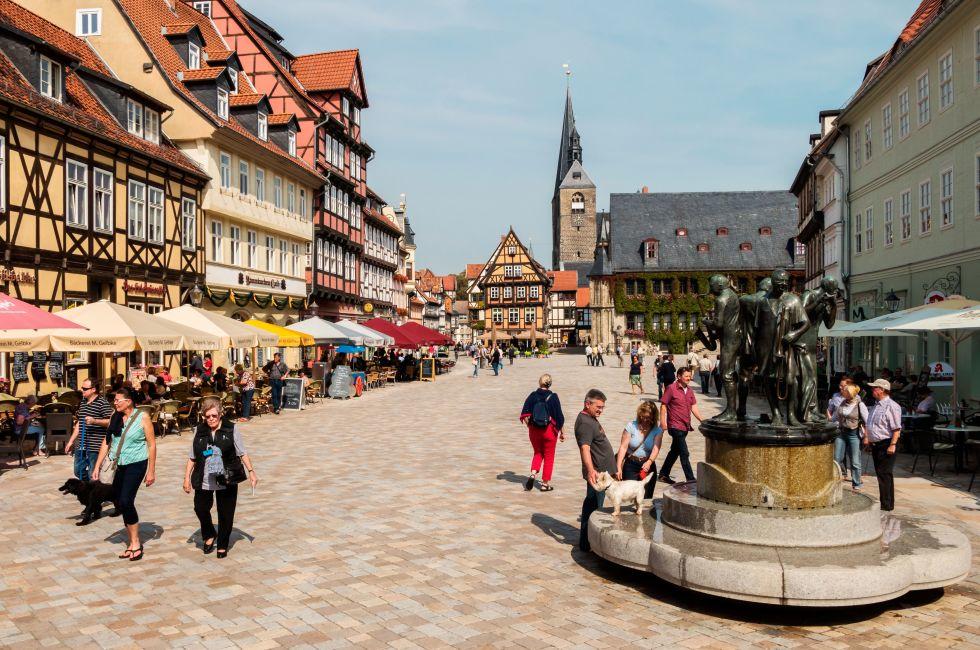 The Market Square in the UNESCO world heritage town of Quedlinburg in Germay.