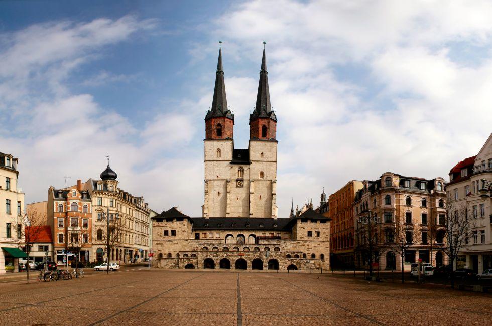 German city Halle (Saale) with square Hallmarkt and church Marktkirche. 
